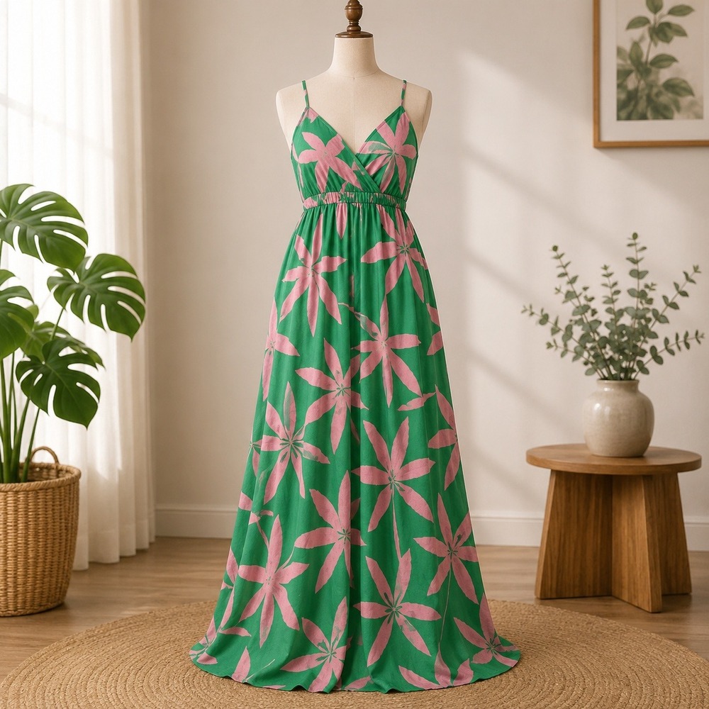 NWT Cupshe Maxi Dress Womens XL Green Pink Tropical Leaf Cut-Out Halter Summer